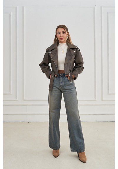 Rabia Çelik Kadın Wide Leg Yüksek Bel Baggy Kot Pantolon Füme Füme