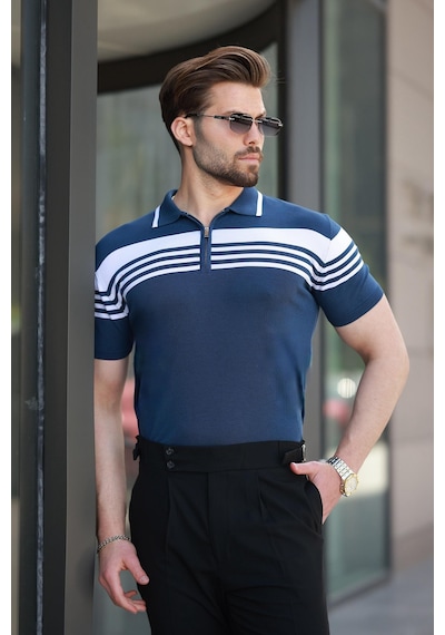 Madmext Lacivert Fermuarlı Polo Yaka Erkek Triko T-shirt E7407 Lacivert