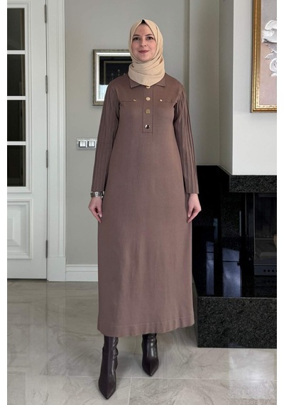 Rabia Şamlı Beste Triko Elbise Sütlü Kahve Normal
