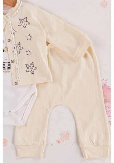 Babydonat Lovely Yıldız Desenli 3'lü Hırkalı Kız Bebek Takım Krem