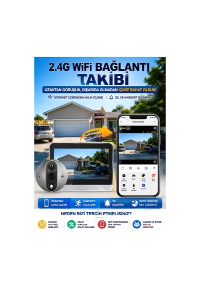 Kablosuz Akıllı Görüntülü Kapı Zili 2.4g Wifi Çift Yönlü Ses, Hareket Algılama, Uzaktan Telefon Takibi 5000mah