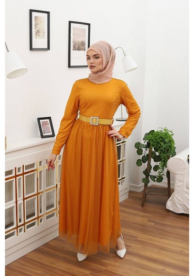 Neşeli Butik Kadın Bisiklet Yaka Puantiyeli Tesettür Elbise Rssn45 - Hardal