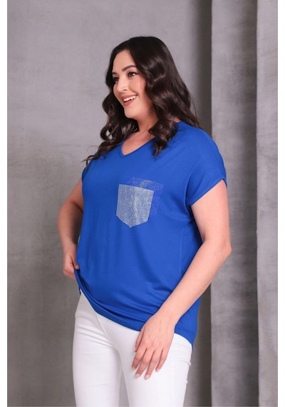 Cep Taş Baskılı Bluz Mavi