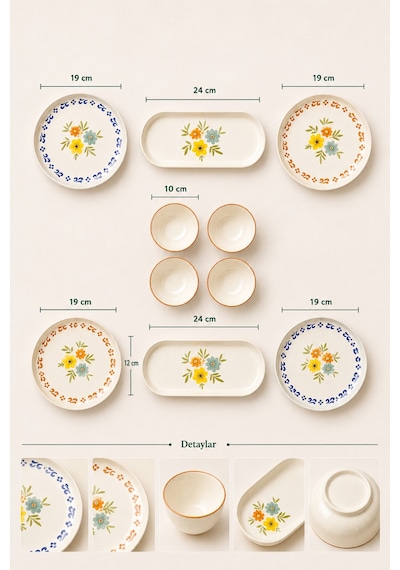 10 Parça 4 Kişilik Rosalia Stoneware Kahvaltı Takımı - Özel Desenli Kahvaltılık Servis Sunum Seti Çok Renkli