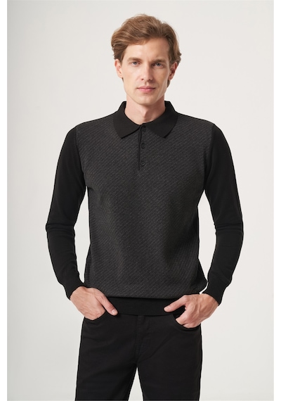 İmza Siyah-füme Polo Yaka Uzun Kol Örme Comfort Fit Pamuklu Kazak 1012265153 Siyah - Füme