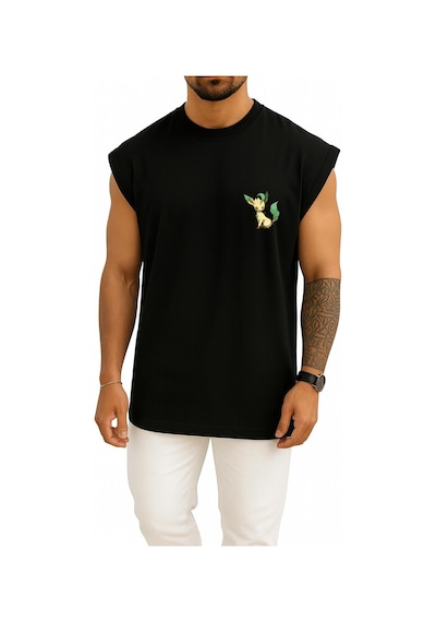 Bahriyeli Collection Oversize Leafeon Eevee Cep Baskılı Atlet Siyah