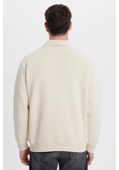 Tudors Unisex Relax Fit Rahat Kesim Pamuklu İç Polarlı Fermuarlı Bej Polo Yaka Flato Cepli Sweatshirt Hırka-41998 Bej