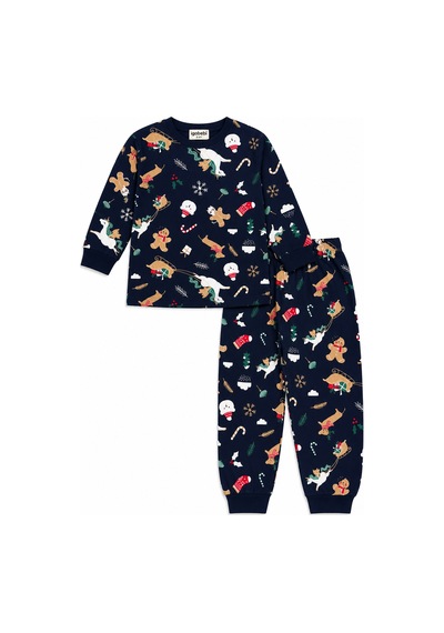 Beniizle Yılbaşı Desenli Uzun Kollu Unisex Alt Üst Pijama Takımı Lacivert