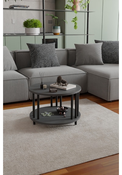 Modern Yuvarlak Orta Sehpa Çift Katlı Siyah Metal Ayaklı Salon, Ofis, Dekoratif Masa Antrasit Modern Yuvarlak Orta Sehpa Çift Katlı Siyah Metal Ayaklı Salon, Ofis, Dekoratif Masa Antrasit