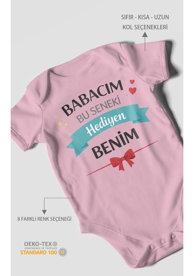 Morivokids Babacım Bu Seneki Hediyen Benim Kısa Kollu Bebek Body %100 Pamuk Koyu Pembe