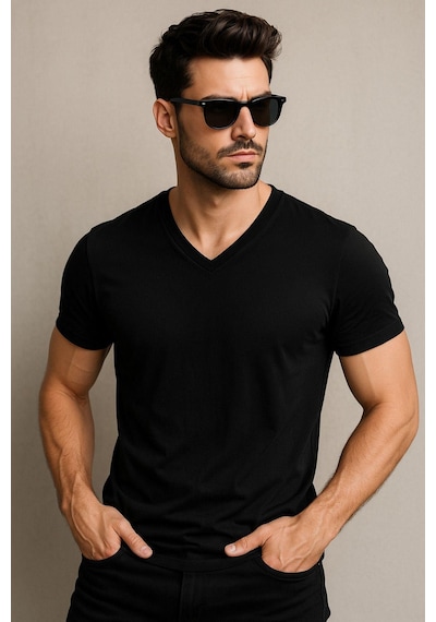 Rich Erkek V Yaka %100 Pamuk Kısa Kollu Siyah T-shirt Tişört SIYAH