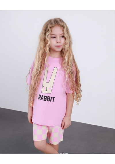 Cg Kids Rabbit Tavşan Baskılı Tshirt & Damalı Şort Pembe Alt Üst Takım Süper Kalite