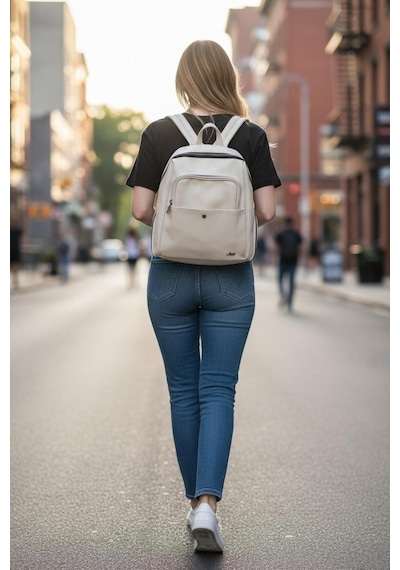 Jara Bag Jara Freya Yıkama Deri Sırt Çantası Krem Büyük Boy Jara17-7