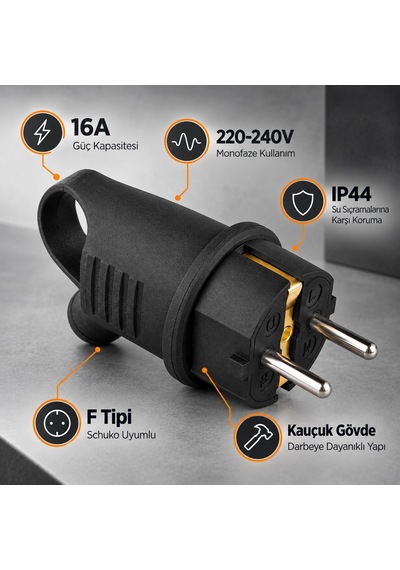 Monofaze Kauçuk Fiş, 16a, Ip44, F Tipi, 220-240v, Vidalı Bağlantı, Darbeye Dayanıklı Kauçuk Gövde, Ce Ve Rohs Belgeli, Şantiye, Atölye, Sanayi, Dış Mekan Kullanımı, Elektrik Fişi Kulplu Eğik