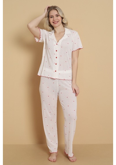 Wordex Mirano 1712 Minik Kalp Desenli Pointel İnce Kumaş Düğmeli Kısa Kollu Kadın Pijama Takımı Ekru Wordex Mirano 1712 Minik Kalp Desenli Pointel İnce Kumaş Düğmeli Kısa Kollu Kadın Pijama Takımı Ekru