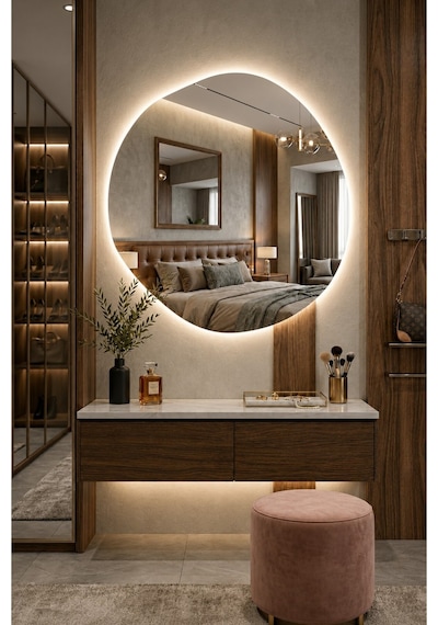 Arya Asimetrik Ledli Ayna Dokunmatik Modern Banyo Aynası Şık Tasarım Konsol Aynası Dekoratif Duvar Aynası Beyaz Günışığı Led 60 X 60