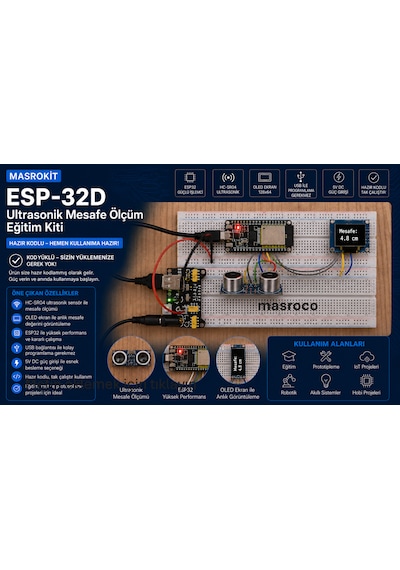 Masrokit Esp32-d Geliştirme Kartlı Ultrasonik Mesafe Ölçüm Eğitim Kiti Önceden Programlanmış