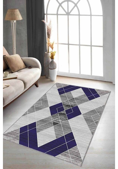 Lacivert Geometrik Kaymaz Tabanlı Dekoratif Halı Dd007n11