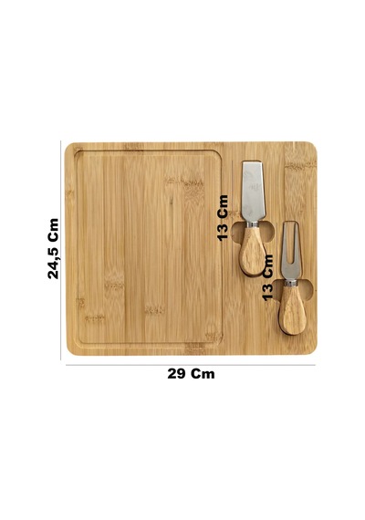 Doğal Bambu Bıçaklı Peynir Servis Sunum Tabağı Kahvaltı Sunum Tahtası Seti 3 Parça 30x25 Cm Kahverengi