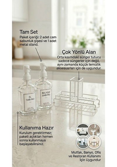 Makri Home Premium Stantlı Cam Sıvı Sabunluk & Deterjanlık Seti İkili Süngerlik Bölmeli Beyaz