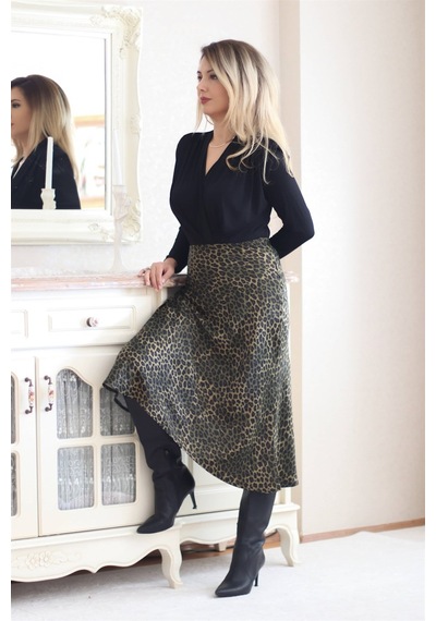 Ritnice Kadın Yeşil Leopar Midi Saten Etek
