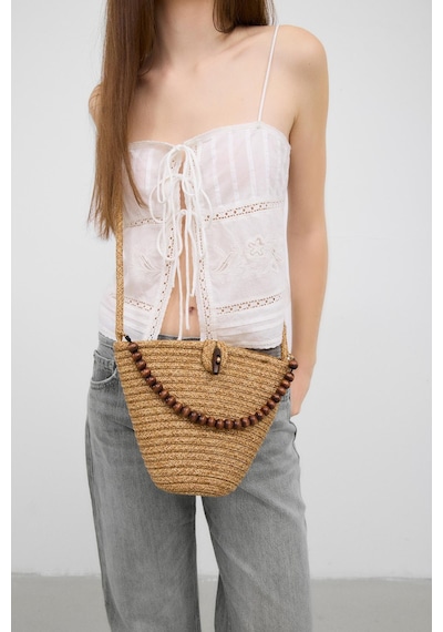 Shule Bags Piccolo Handmade Boncuk Detaylı Hasır Çanta Vizon Vizon