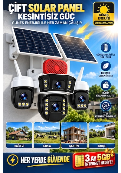4 Kameralı 4g Sım Kartlı Solar Güvenlik Kamerası Çift Güneş Panelli Ptz Gece Görüş Sirenli Ip66 Okam Pro Uygulama