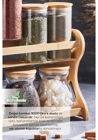 Vienev Bambu 7li Cam Baharatlık Standlı Ahşap