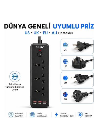 Bychie Xkin 2500w Akım Korumalı Priz 6 Lı Usb-c Pd 30w 0.1 M