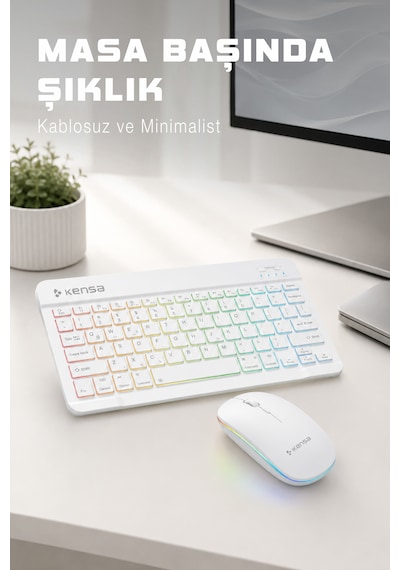 Tablet Ve Bilgisayar İçin Rgb Led Işıklı Taşınabilir Kablosuz Bluetooth Klavye Ve Dongle'lı Mouse Seti Beyaz