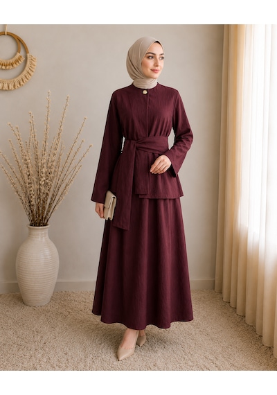 Efulim Womens Sade Broşlu Kuşaklı Alt-üst İkili Tesettür Takım Mürdüm
