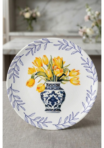Grandora Vazo Ve Çiçek Desenli 6 Adet, 20 Cm Modern Pasta Tatlı Tabağı Seti Şık Kahvaltılık Tabak Sarı