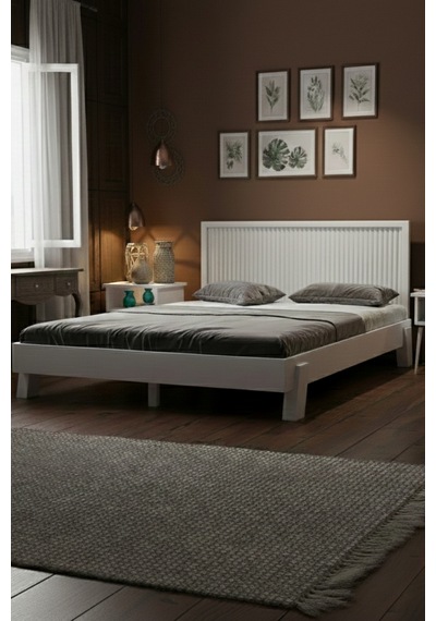 Ebruli Dikey Başlıklı Masif Ahşap Karyola Beyaz 100x200