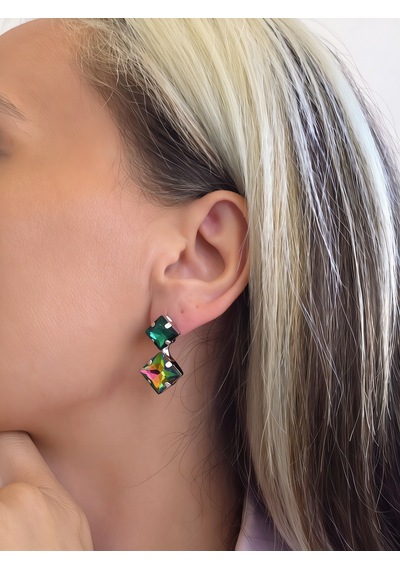 Dikey Kare Vintage Model Kristal Taşlı Hareli Yeşil Renkli Küpe