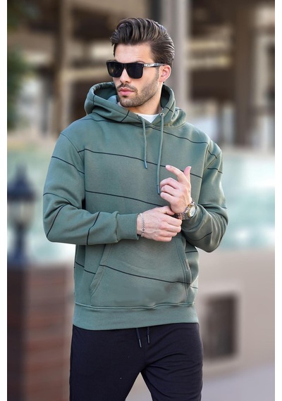 Madmext Haki Kapüşonlu Cep Detaylı Çizgili Erkek Sweatshirt 7063 Haki