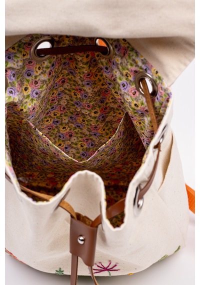 Fabric Craft Bag Sırt Çantas Kanvas Nakışlı Ayarlanabilir Krem Rengi Krem