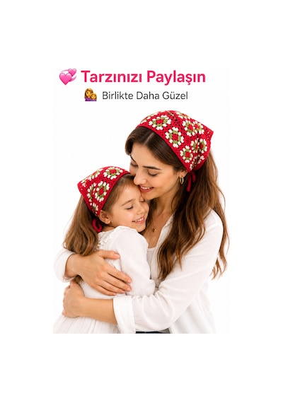Anne Kız Kombin Bandana El Örgüsü Saç Bandı Bohem Stil Ayarlanabilir 2li Set Kırmızı