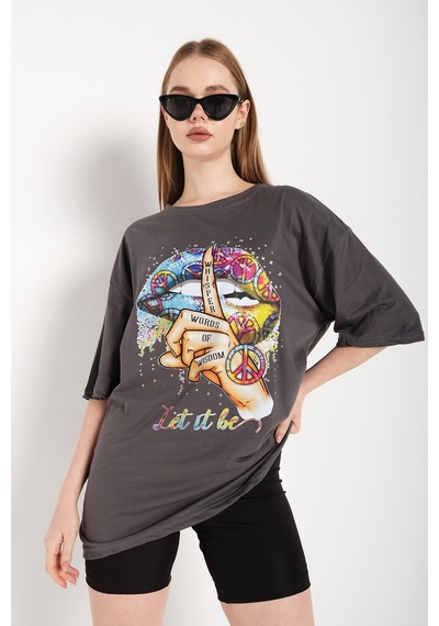 Flood Of Style Kadın Antrasit Let It Be Oversize T-shirt Gri
