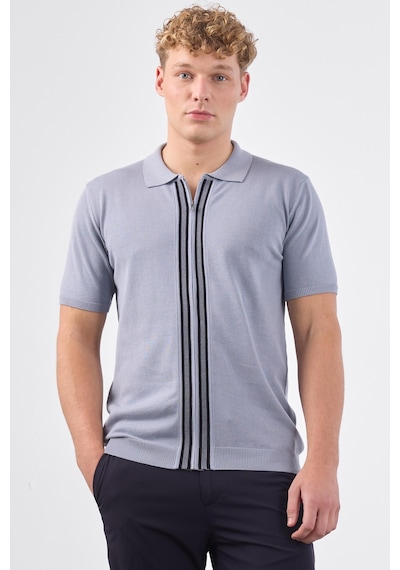 Dufy Gri Polo Fermuar Yaka Düz Kısa Kollu Slim Fit Erkek Triko Gri