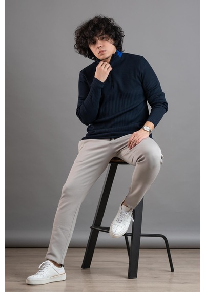 Fermuar Yaka Yarım Balıkçı Likralı Erkek Sweatshirt Lacivert
