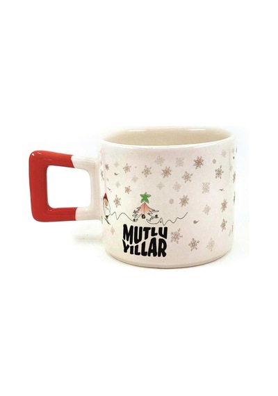 Mutlu Yıllar Kar Taneleri Baskılı Kırmızı Kulplu Kare Yılbaşı Kupası
