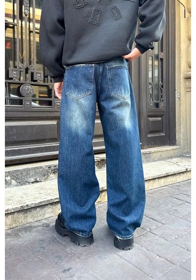 Flaw Yıkamalı Çizgili Baggy Jean Mavi Mavi