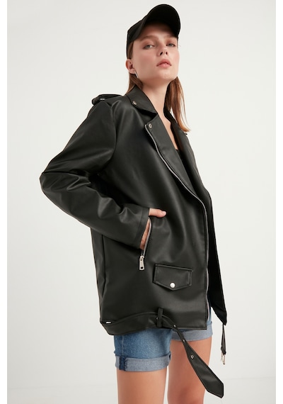 Meecy Kadın Oversize Biker Deri Ceket Siyah Siyah