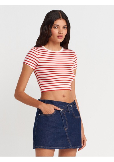 Dilvin 31889 Çizgili Crop Top-Ekru - Kırmızı