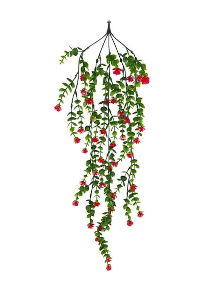Yapay Çiçek Kırmızı Sarkan Lotus Çiçekli Okaliptus Şimşir Yapay Sarmaşık 5dal 60cm
