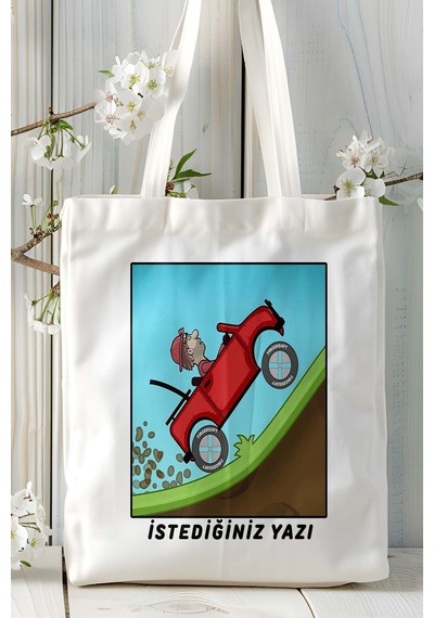 Art Hediye Hill Climb Racing Mobil Oyun Baskılı Bez Çanta Omuz Çantası Çift Tafaflı Baskı Kişiye Özel 5 Çok Renkli