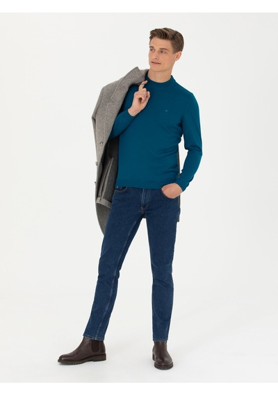 Cacharel Petrol Slim Fit Çeyrek Balıkçı Yaka Triko Kazak