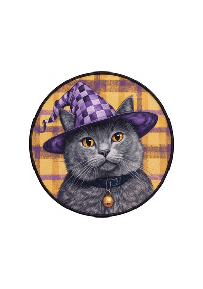 Zilli Kedi Desenli Yuvarlak Halı Mor Sarı Cadı Şapkalı Şönil Dekoratif Halı Mor Sarı Turuncu