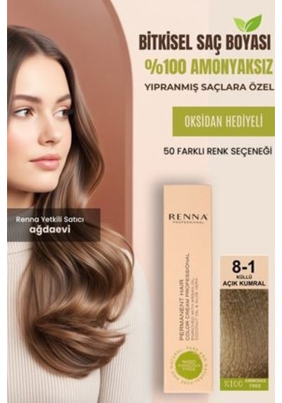 Renna Amonyaksız Bitkisel Yıpranmış Saçlar İçin Saç Boyası 8-1 Küllü Açık Kumral 60ml