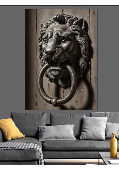 Ahşap Tablo Aslan Başlı Kapı Tokmağı